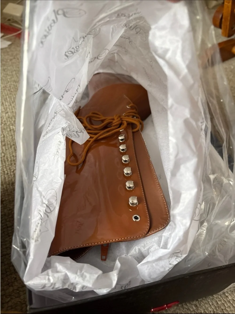 Pleaser Caramel Brown Patent Lace-Up Platform Ankle Boots - Picture 4 of 4